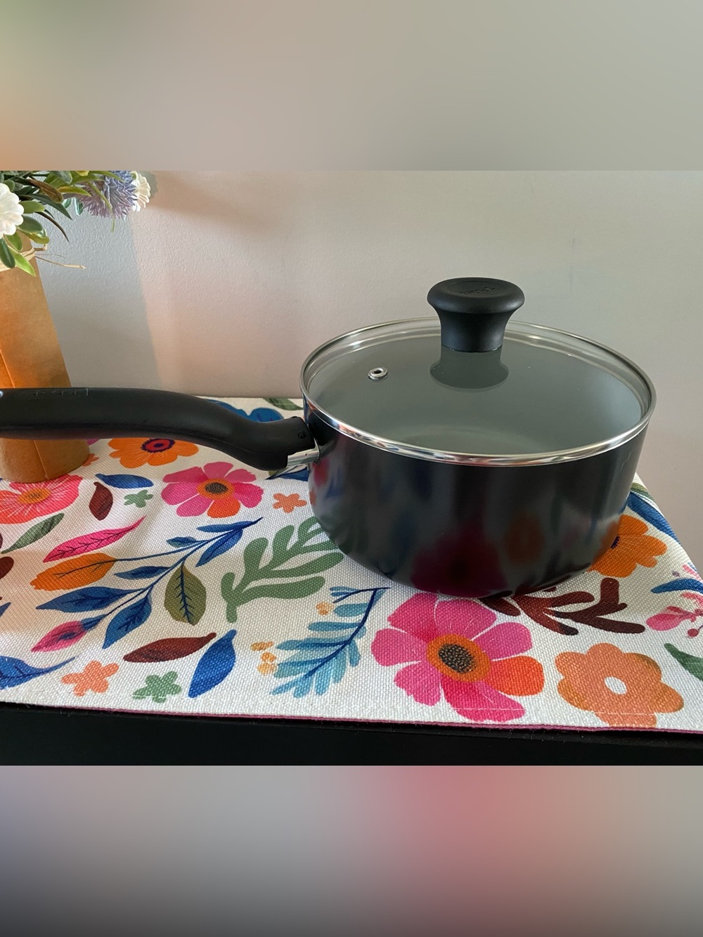 Black Nonstick T-Fal Saucepan with Glass Lid - Kitchen Essential